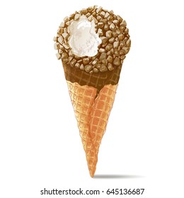 Vector ice cream with roasted peanut, almond, crunch overtones in waffle cone. Isolated illustration on a white background