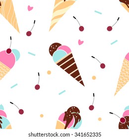 Vector ice cream seamless pattern with chocolate and cherry. Hand drawn style