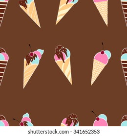 Vector ice cream seamless pattern with chocolate and cherry. Hand drawn style