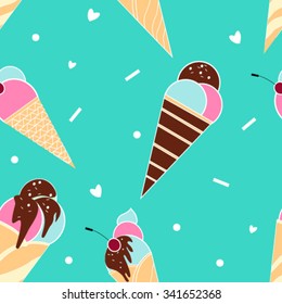 Vector ice cream seamless pattern with chocolate and cherry. Hand drawn style