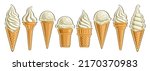 Vector Ice Cream Set, banner with lot collection of cut out different illustrations of group american scoop ball ice creams in waffle cone and vanilla soft serve icecreams in a row on white background