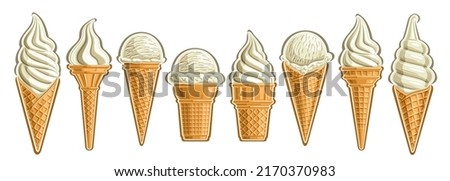 Vector Ice Cream Set, banner with lot collection of cut out different illustrations of group american scoop ball ice creams in waffle cone and vanilla soft serve icecreams in a row on white background