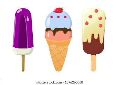 Vector ice cream set. Cartoon colorful icons illustration isolated on white background