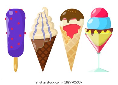 Juego de helados vectores. Iconos de dibujos animados coloridos ilustración aislada en fondo blanco