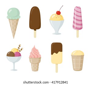 Vector ice cream set. Cartoon ice cream cones and popsicles.