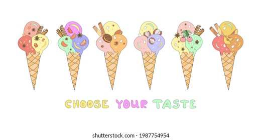 Vector ice cream set. Cherries, cinnamon sticks and waffle sticks, chocos bowl and cinnamon stars, tangerines and lychees, peaches. Illustrations for advertising ice cream, menu, coffee shop