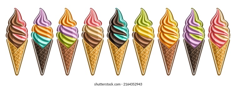 Vector Ice Cream Set, lot collection of 9 cut out different illustrations of realistic refreshing ice creams, horizontal banner with whipped milk icecreams in waffle cones in a row on white background