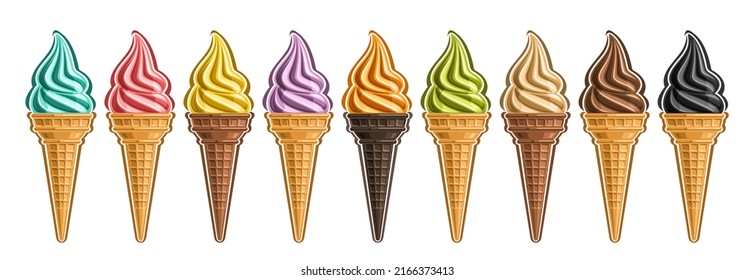 Vector Ice Cream Set, lot collection of 9 cut out different illustrations of realistic refreshing ice creams, horizontal banner with colorful twirl icecreams in waffle cones in row on white background