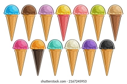 Vector Ice Cream Set, lot collection of cut out different illustrations of refreshing scoop ball ice creams, icon set of colorful cold soft icecreams in waffle cones on white background