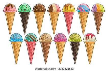 Vector Ice Cream Set, Lot Collection Of Cut Out Different Illustrations Of Group Refreshing Scoop Ball Ice Creams In Waffle Cones, Icon Set Of Bright Kids Soft Icecreams In A Row On White Background