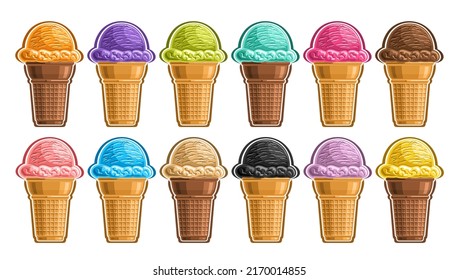 Vector Ice Cream Set, lot collection of cut out different illustrations of group refreshing scoop ball ice creams in waffle caps, icon set of colorful kids soft icecreams in a row on white background