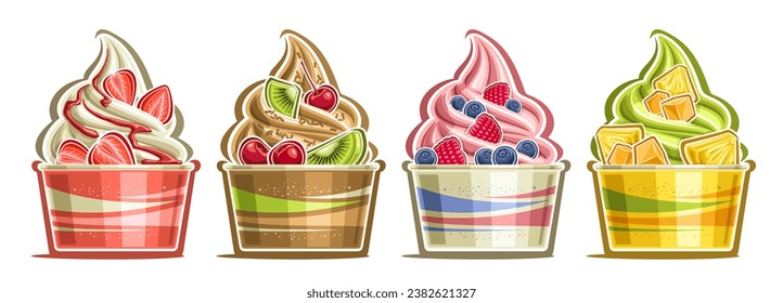 Vector Ice Cream Set, horizontal banner with illustration of 4 various frozen yogurts garnished fruit slices, choco sprinkles and topping syrup, four cut out twirl ice creams in carton tubes on white