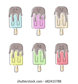 Vector ice cream set illustration with emotions. Beautiful sweet ice cream. Set of funny emoji ice creams. Flat line art design. Vector clip art. Pastel color on white background