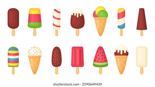 Vector Ice Cream Set. Popsicles, Ice Lollipops, and Ice Cream Cone