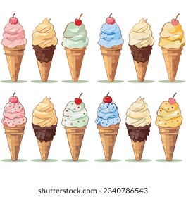 Vector ice cream simple drawing and detailed. 12 waffle cones yellow, blue, pink, yellow and beige, decorated with cocktail cherries.Sprinkling confetti and dripping chocolate topping.