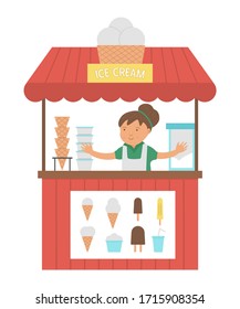 Vector Ice Cream Stall With Seller. Flat Ice-cream Stand Illustration. Beach Dessert Shop. Cute Summer Picture For Kids