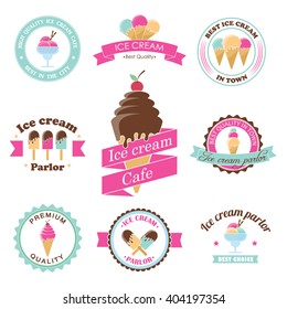 Vector Ice Cream Stamps. Frozen Sweets Labels. Summer Dessert Shop Design. Sorbet Emblem. Premium Quality. Parlor Sign. Vanilla Cone Badge. Sorbet Sticker. Waffle Logo