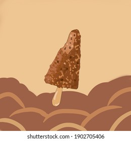 Vector ice cream stick with chocolate flavor and a sprinkling of soft and refreshing almonds