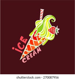 vector ice cream with strawberries sweet logo on a dark background