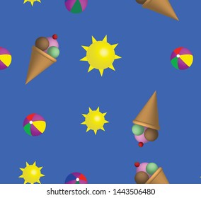 Vector ice cream, sun, beach ball seamless pattern on blue background