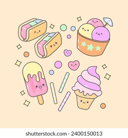 Vector Ice Cream Sundae Cone with cute facial expressions and pastel colour