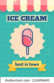 Vector ice cream sundae poster in vintage style. Retro menu card design for ice cream shop, cafe or restaurant.