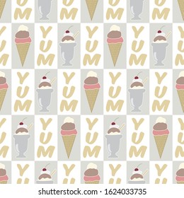 Vector Ice Cream Sundaes and Cones with Text on Gray White Background. Seamless Repeat Pattern. Background for textiles, cards, manufacturing, wallpapers, print, gift wrap and scrapbooking.