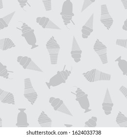 Vector Ice Cream Sundaes and Cones Gray Silhouettes on Gray Background. Seamless Repeat Pattern. Background for textiles, cards, manufacturing, wallpapers, print, gift wrap and scrapbooking.