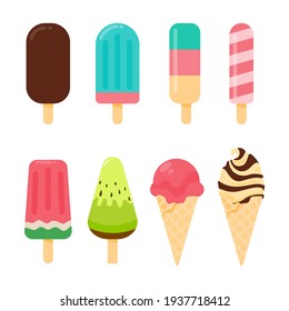 Helado vectorial. Helado dulce y colorido hecho de frutas y conos de gofre. Refrescante en verano