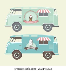 Vector ice cream truck. Retro looking ice cream van. Ice cream labels, badges and design elements.