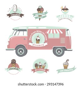 Vector Ice Cream Truck. Retro Looking Ice Cream Van. Ice Cream Labels, Badges And Design Elements.