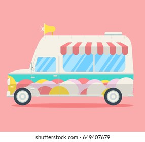 Vector Ice cream van. Side view of a commercial truck decorated by ice cream balls, stripy roof and music chimes. Modern flat style illustration