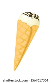 Vector ice cream vanilla ball in waffle cone. Delicious cold dessert with chocolate. Great elements for summer food design.