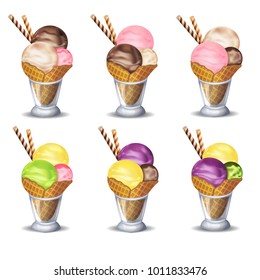 Vector ice cream vanilla, chocolate, strawberries, banana, blueberries, kiwi set on white background.