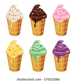 Vector ice cream vanilla, chocolate, strawberries, banana, blueberries, kiwi set on a white background.