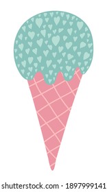 Vector ice cream in waffle cone. Pastel ice cream with many tiny hearts. Hand drawn cartoon doodle food sketch isolated on white background. Lovely vector illustration.