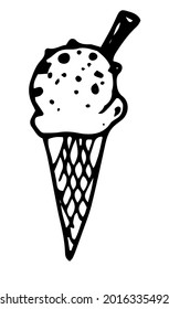 vector ice cream waffle cone with a straw on top and a sprinkling texture of dots drawn by hand in the style of doodles with a black isolated line and a white background for a summer design template