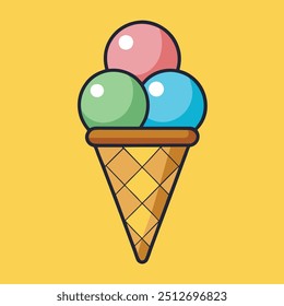 Vector Ice cream in the waffle cone isolated on  Yellow background. 