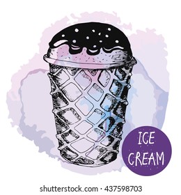 vector ice cream waffle cone watercolor on a lavender background. hand drawn sketch style. cone an chocolate.