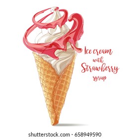 Vector ice cream in waffle cone with strawberry spiral twisted around. watercolor illustration. Isolated objects on a white background