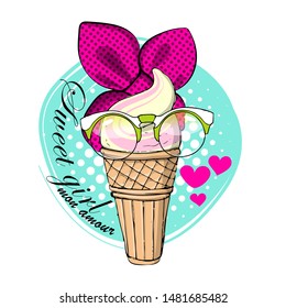 Vector ice cream in a waffle cup. Comic ice cream. Funny fashionable girl with glasses and a hat. Hand drawn illustration of cartoon ice cream. Print on T-shirts, bags and other fashion products.