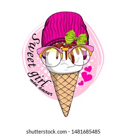 Vector ice cream in a waffle cup. Comic ice cream. Funny fashionable girl with glasses and a hat. Hand drawn illustration of cartoon ice cream. Print on T-shirts, bags and other fashion products.