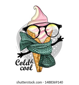 Vector ice cream in a waffle cup. Comic and funny fashionable ice cream with glasses and scarf. Hand drawn illustration of cartoon ice cream. Print on T-shirts, bags and other fashion products.