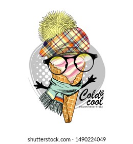 Vector ice cream in a waffle cup. Comic and funny fashionable character with glasses and a hat. Hand drawn illustration of cartoon ice cream. Print on T-shirts, bags and other fashion products.