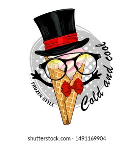 Vector ice cream in a waffle cup. Comic and funny fashionable ice cream with glasses and top hat. Hand drawn illustration of cartoon ice cream. Print on T-shirts, bags and other fashion products.