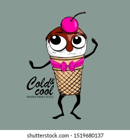 Vector ice cream in a waffle cup. Comic and funny fashionable character with  bow and cherry. Hand drawn illustration of cartoon ice cream. Print on T-shirts, bags and other fashion products.