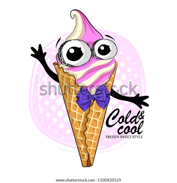 ワッフルカップにベクターアイスクリーム おじぎをした滑稽でおしゃれなキャラクター 漫画のアイスクリームの手描きのイラスト Tシャツ バッグ その他のファッション製品に印刷する のベクター画像素材 ロイヤリティフリー