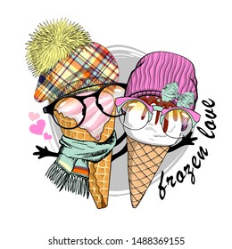 Vector ice cream in a waffle cups. Comic and funny sweet couple with glasses and hats. Hand drawn illustration of cartoon ice cream. Print on T-shirts, bags and other fashion products. Frozen love.