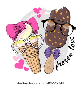 Vector ice cream in a waffle cups and popsicle. Comic and funny sweet couple with glasses and hats. Hand drawn illustration of cartoon ice cream. Print on T-shirts, bags and other fashion products. 