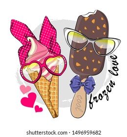 Vector ice cream in a waffle cups and popsicle. Comic and funny sweet couple with glasses and hats. Hand drawn illustration of cartoon ice cream. Print on T-shirts, bags and other fashion products. 